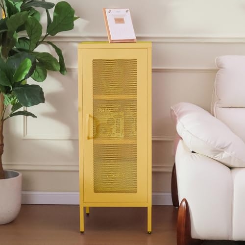 Slim Metal Storage Cabinet with Mesh Doors - 42'' Tall Narrow Organizer Tower, Compact Freestanding Cabinet, Versatile Utility Storage for Home, Office, Kitchen, Living Room, Durable and Modern Design ALBAD