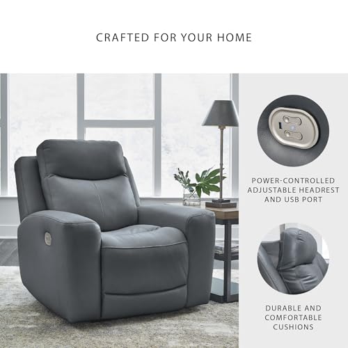 Signature Design by Ashley Mindanao Contemporary Leather Match Upholstered Power Recliner with Adjustable Headrest, Gray Signature Design by Ashley