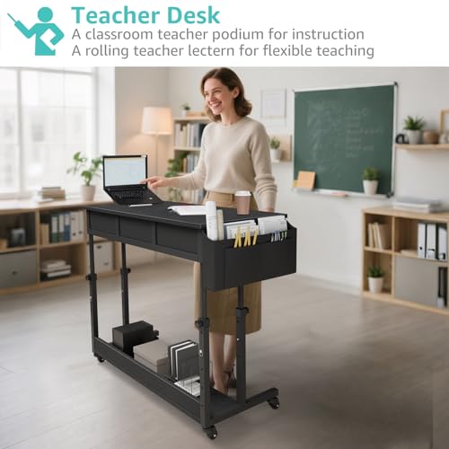 Rolling Standing Desk Adjustable Height with Drawers, 40 Inch Mobile Stand Up Portable Teacher Desks on Wheels for Classroom, Couch Sofa Side Laptop Table with Storage for Bedroom Home Office, Black WINAZ