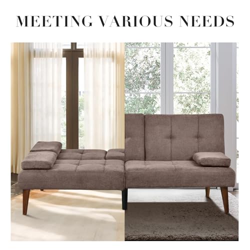 COLAMY Futon Sofa Bed-Fabric Small Couch, Convertible Sofa Bed with 2 Cup Holders, Removable Soft Armrest, Adjustable Backrest for Dorm/Bedroom/College COLAMY