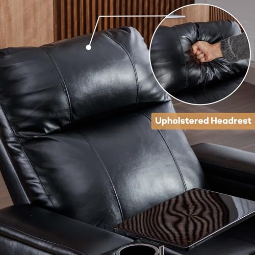 ANJ Power Recliner Chair with USB Ports, Faux Leather Home Theater Seating with Swivel Tray Table, Electric Movie Reclining Chairs with Cup Holders, Hidden Arm Storage (Black)