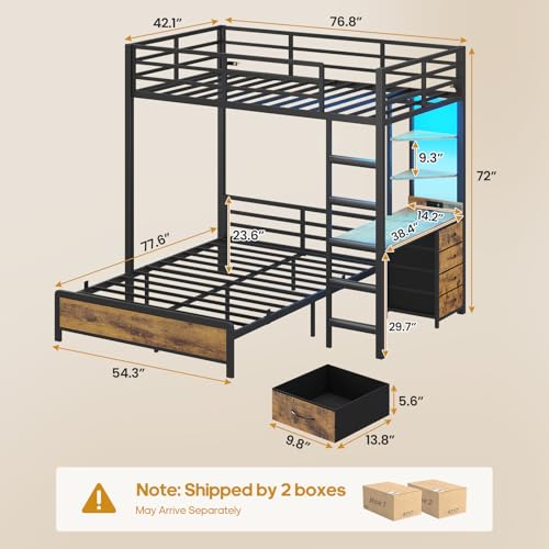 ADORNEVE Twin Over Full Bunk Bed with Desk, Bunk Beds Twin Over Full Size with Charging Station & Led Lights, Storage Drawers & Shelves, Loft Bed with Safety Guardrail & Ladder for Kids/Teens, Black ADORNEVE