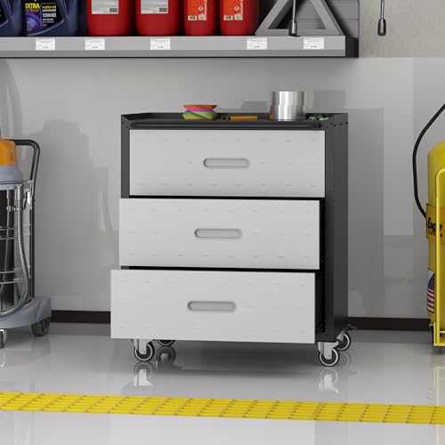 BIZOEIRON Metal Storage Cabinet with Wheels, Rolling Tool Cabinet, Garage Storage Cabinet with 3 Drawer for Tools, Assembly Required (Black/Grey) BIZOEIRON