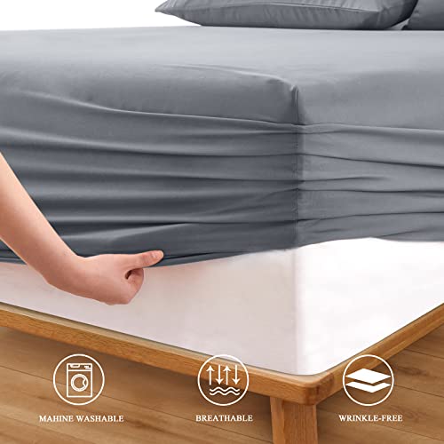 Horbaunal Extra Deep Pocket Full Fitted Sheet Only - Fits Up to 24 Inch Mattress - Luxury 1800 Thread Count - Microfiber Silver Grey Fitted Bed Sheet Full Size Horbaunal