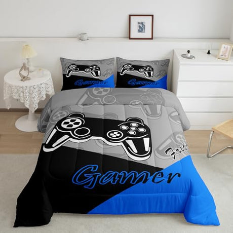 Feelyou Gaming Comforter for Boys Teen Video Game Bedding Set for Kids Gamer Comforter for All Season Gamepad Home Decor for Comforter Set Twin Size,1 Comforter with 1 Pillowcase Blue Black Grey Feelyou