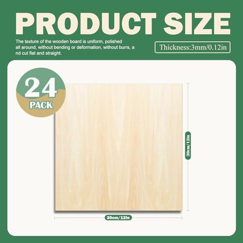 24 Pack 12"x12"Basswood Sheets 1/8",3mm Basswood for Laser Cutting,3mm Plywood Unfinished Wood Craft Wood for DIY Ornaments and Models Drawing Painting Engraving Wood Burning and Laser Cutting QSJQllo