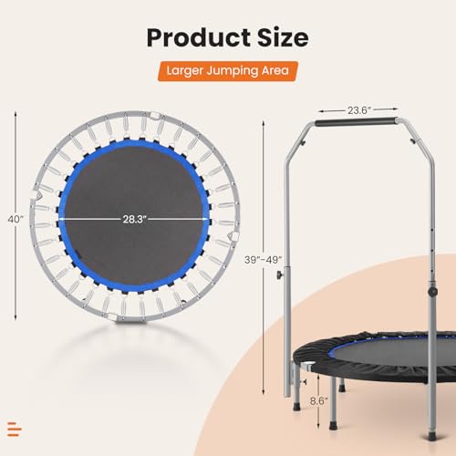 Sweetcrispy 40" in/48 in Mini Fitness Trampoline - 330LBS Foldable Exercise Rebounder with Adjustable Handle, Stable and Quiet, for Adults Indoor/Outdoor Workout Sweetcrispy