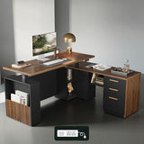 ModernMate 63" Standing Desk with File Cabinet, Privacy Panel, AC/USB, 1.18" Desktop, Executive L Shaped Height Adjustable Electric Stand Up Desk, Home Office Table with 3 Drawers, Black Walnut ModernMate