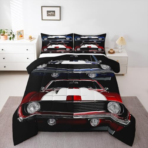 Classic Race Car Comforter Set - Retro Vehicles Theme Bedding with 1 Comforter and 1 Pillow Case - Twin Size Erosebridal