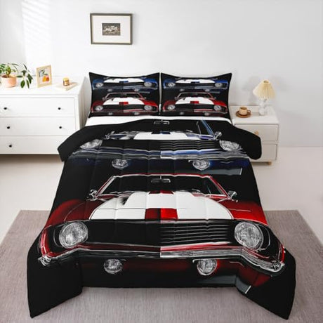 Classic Race Car Comforter Set - Retro Vehicles Theme Bedding with 1 Comforter and 1 Pillow Case - Twin Size Erosebridal