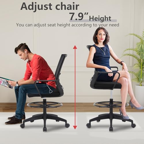 BestOffice Drafting Chair Tall Office Chair Adjustable Swivel Rolling Mesh Height with Lumbar Support Arms Footrest Mid Back for Adults Standing Desk Drafting Stool(Black) BestOffice