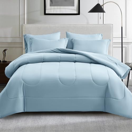 Maple&Stone Full Size Comforter Sets 7 Pieces Bed in a Bag - Down Alternative Bed Set with Comforter, Sheets, Pillowcases & Shams, All Season Lightweight Bedding Set, Light Blue Maple&Stone