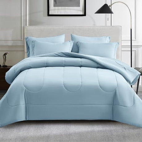 Maple&Stone Full Size Comforter Sets 7 Pieces Bed in a Bag - Down Alternative Bed Set with Comforter, Sheets, Pillowcases & Shams, All Season Lightweight Bedding Set, Light Blue Maple&Stone
