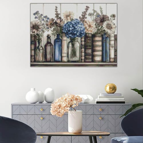 Stamping Cross Stitch Kit Books Flowers, Counting Cross Stitch Kit for Adult Beginners, with Glass Bottles Full Line DIY Cross Stitch Stitching Kit for Home Decor Cross Stitch Patterns 15.7x11.8inches