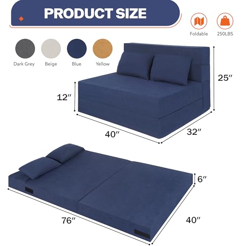 Fvkind Folding Sofa Bed, 4 in 1 Convertible Sleeper Sofa Bed Chair with Pillow, Twin Memory Foam Loveseat Futon Sleeper Chair, Foldable Futon Couch for Living Room, Bedroom, Guest Room, Blue Fvkind