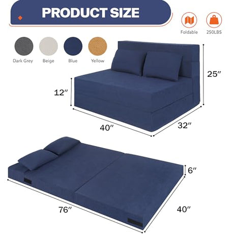 Fvkind Folding Sofa Bed, 4 in 1 Convertible Sleeper Sofa Bed Chair with Pillow, Twin Memory Foam Loveseat Futon Sleeper Chair, Foldable Futon Couch for Living Room, Bedroom, Guest Room, Blue Fvkind