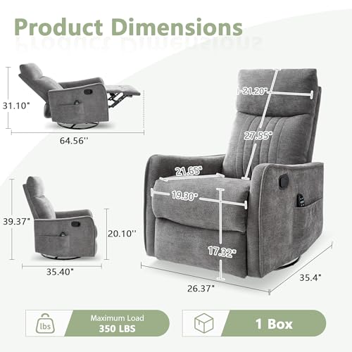 cinkehome Heated Massage Swivel Rocker Recliner Chair for Nursery - Small Space Reclining Chair with Lumbar Support, 360° Swivel & Gentle Rocking, Ergonomic High Back Chenille Fabric Gray