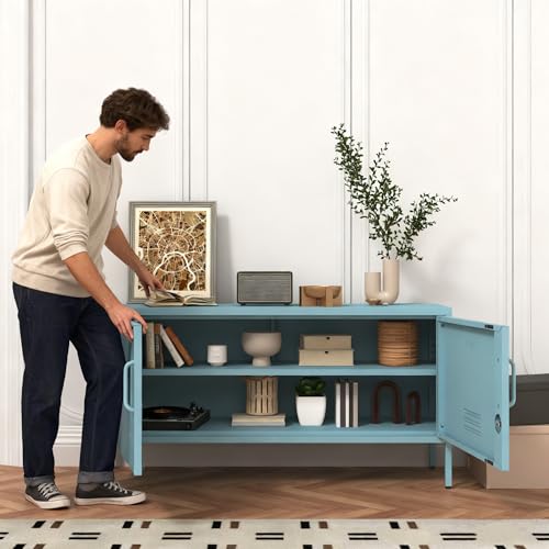 Aiasuit Blue Lockable Metal TV Stand Entertainment Center, Heavy Duty Storage Cabinet Supports 80+ Inch TVs, Multifunctional Media Console for Home Living Room Office 22" H X 35.4" W X 13.8" D Aiasuit