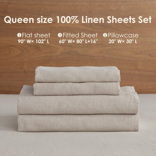 DAPU Pure Linen Sheets Set, 100% French Linen from Normandy, Breathable and Durable for Hot Sleepers, 4 Pcs Queen Size Sheets Set - 1 Flat Sheet, 1 Fitted Sheet, 2 Pillowcases (Natural Linen, Queen) DAPU