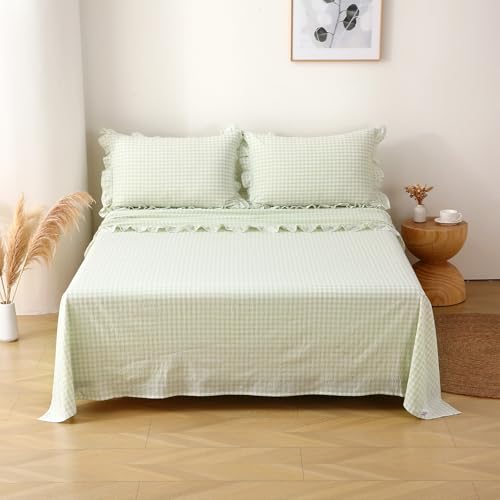 K MASANIJI Pile Green White Plaid Ruffle Gingham Sheets Full Size 4-Piece Set, 300TC 100% Yarn Dyed Cotton Sheets 18 in Deep Pocket Kids Preppy Decorative Bedding (Pile Green/White Plaid, Full) K MASANIJI