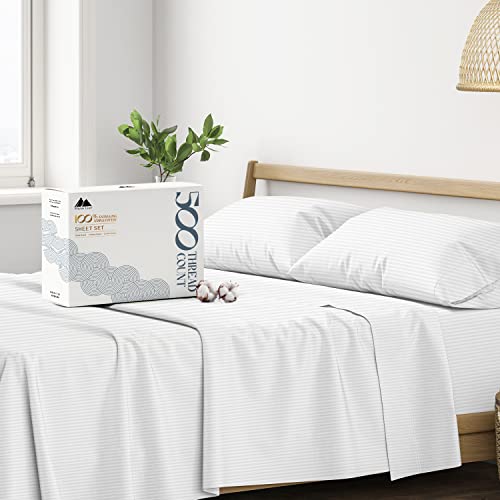 Mayfair Linen 100% Cotton Striped Sheets King Size Bed Set - 500 Thread Count Damask Sheets King Size 4 PC Set (White Stripe), Soft, Cooling, Sateen Weave Hotel-Quality 16" Deep Pocket Bedsheet Mayfair Linen