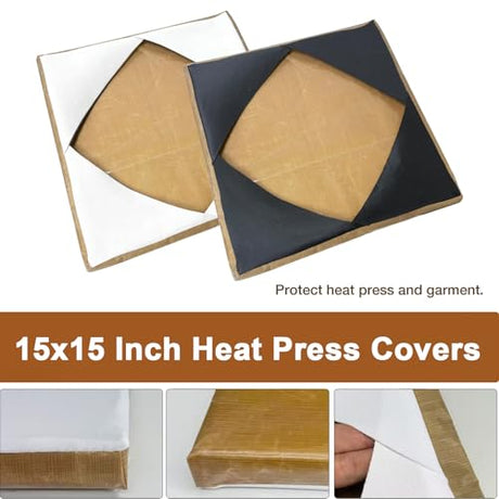 Heat Press Covers 15x15 Inch 2 Piece Set for Top and Bottom Platens | Reusable Teflon Material Heat Press Protective Covers for Sublimation, DTF and Heat Press Transfers EAOENLS