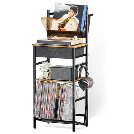 HYPIGO Record Player Storage Stand, Turntable Stand with Vinyl Record Storage for up to 200 Albums, 3-Tier Record Holder Display Shelf, End Table with Drawer for Living Room, Bedroom, Rustic Brown HYPIGO