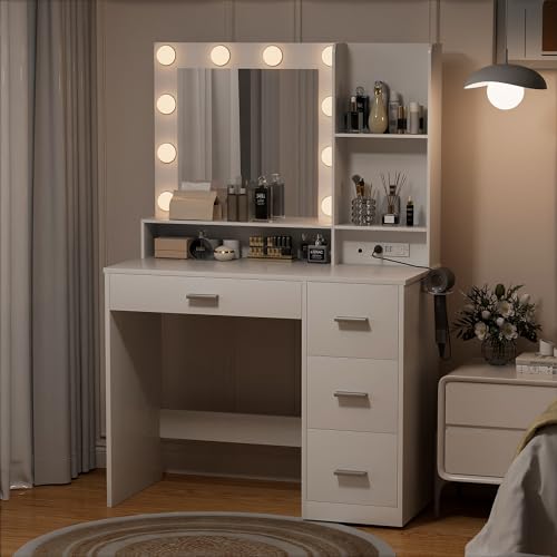 YESHOMY Vanity Desk with Mirror, Power Outlet and 10 Lights, Makeup Table with 4 Drawers, 3 Color Modes Available for Bedroom, White - WoodArtSupply