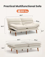 Amada Convertible Futon Sofa Bed - Corduroy Loveseat with Adjustable Backrest & Armrests, Thickened Seat Cushion, Small Space Sleeper Couch for Apartment, Study Room & Office（Off-White，66 Inch ） AMADA HOMEFURNISHING