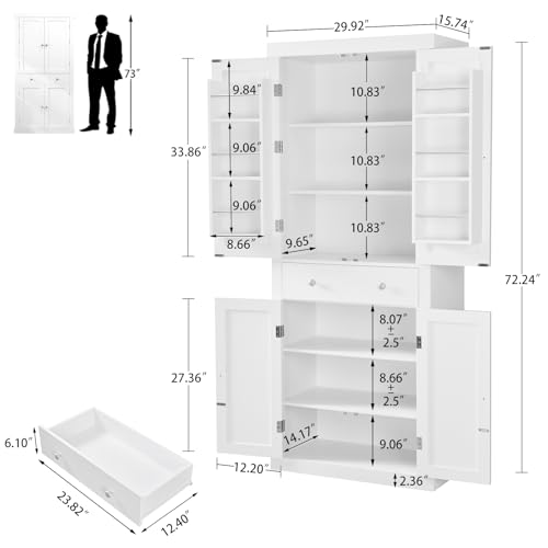 FIONESO 72” Pantry Cabinet, Kitchen Pantry Cabinet with 6 Doors Shelves and 1 Drawer, Tall Storage Cabinet, Cupboard with 4 Door for Kitchen, Dinging Room, Living Room, White FIONESO