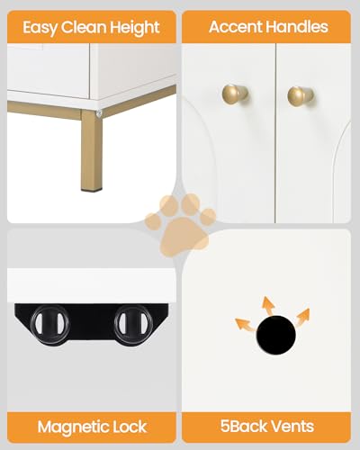 Hzuaneri Cat Litter Box Enclosure, Hidden Litter Box Furniture, Wooden Pet House Side End Table, Storage Cabinet Bench, Fit Most Cat and Litter Box, Living Room, Bedroom, White and Gold CB812 - WoodArtSupply