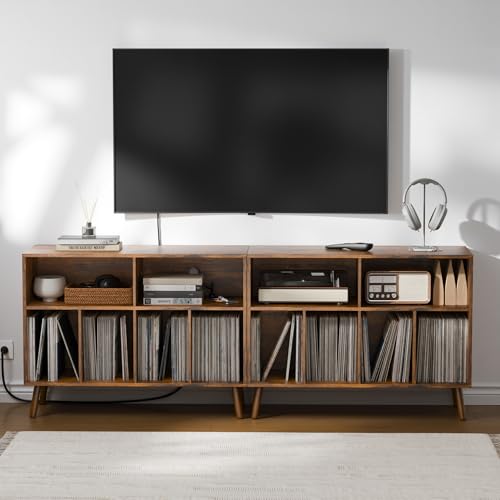 Cozy Castle Record Player Stand with Vinyl Storage Cabinet, Wood Turntable Table Open Shelf Holder Up to 350 Albums Cube Storage Organizer for Living Room, Office, Rustic Brown Cozy Castle