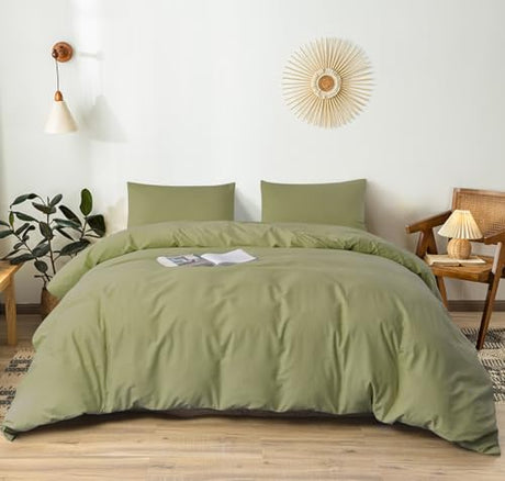 Colourful Snail 100-Percent Natural Washed Cotton Duvet Cover Set, Ultra Soft and Easy Care, Zipper Closure, Corner Ties, Simple Bedding Style, Queen/Full, Olive Green (Comforter Not Included) Colourful Snail