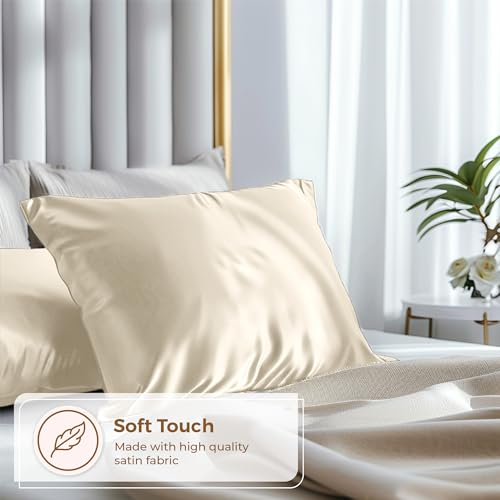 Pure Bedding Satin Pillowcase 2 Pack - King Size (20"x40", Ivory) - Silky Pillow Cases for Hair and Skin - Satin Pillow Covers with Envelope Closure - Extra Soft Premium Microfiber Pure Bedding