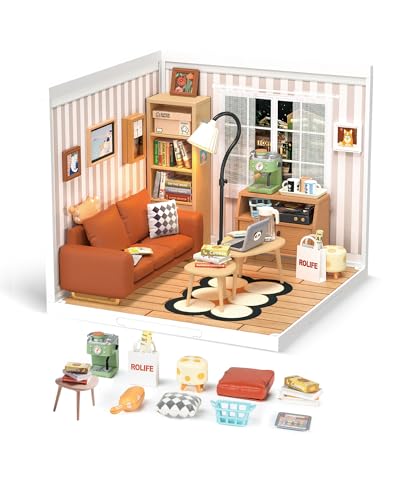 Rolife DIY Miniature Plastic House Building Set Toys Playset with LED Suitable for Mini Figures Construction Toys Diorama Kit Gifts for Adults (Cozy Living Lounge)