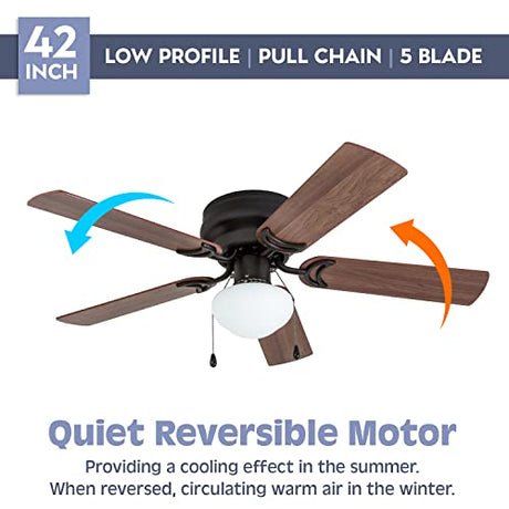 Prominence Home Alvina, 42 Inch Traditional Flush Mount Indoor LED Ceiling Fan with Light, Pull Chain, Dual Finish Blades, Reversible Motor - 50860-01 (Bronze) Prominence Home