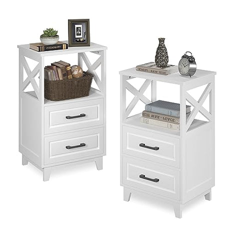 May in Color Set of 2 White Nightstand with 2 Drawers and Open Shelf, Bedside Table with Solid Feet, Modern Night Stand End Table for Bedroom, Living Room, Home Office May in Color