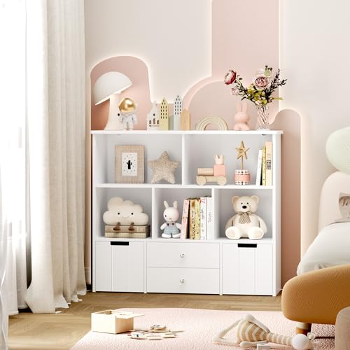 FOTOSOK Toy Storage Organizer with 4 Drawers, Toy Organizers and Storage with Concealed Wheels and 5 Storage Cubbies, Multifunctional Storage Chest Kids Storage Organization, Playroom Furniture, White