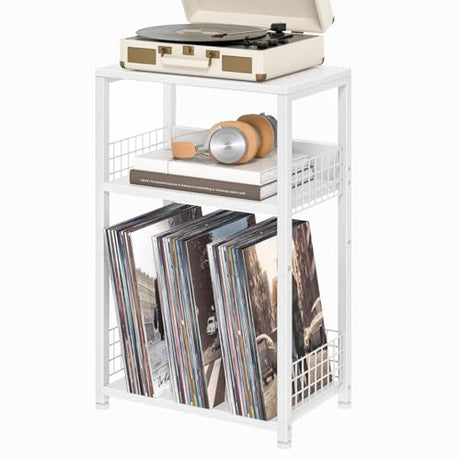 LELELINKY White Side Table with Storage, Small End Table Printer Stand for Small Spaces, Record Player Stand with Vinyl Storage, Sofa Night Stands for Living Room Bedroom LELELINKY