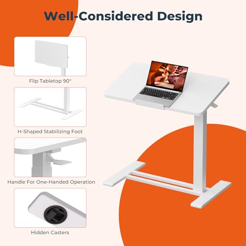 FitStand Medical Adjustable Overbed Bedside Table with Casters 90° Tilting Desktop Pneumatic Mobile Rolling Laptop Computer Standing Desk Cart with Tray, Hospital Table(31.5" W x 17.7" D, White) FitStand