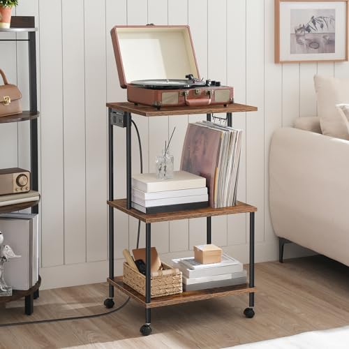 HOOBRO Printer Stand, Large Printer Table with Charging Station, Industrial Printer Storage Shelf with Wheels, 3-Tier Rolling Printer Cart for Home Office, Rustic Brown and Black BF48UPS01 - WoodArtSupply