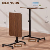GTPLAYER Small Standing Desk, 24 Inches Mobile Foldable Rolling Laptop PC Table with Lockable Casters, Adjustable Height Overbed Bedside Table Computer Workstation for Home Office, Walnut GTPLAYER