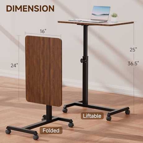 GTPLAYER Small Standing Desk, 24 Inches Mobile Foldable Rolling Laptop PC Table with Lockable Casters, Adjustable Height Overbed Bedside Table Computer Workstation for Home Office, Walnut GTPLAYER