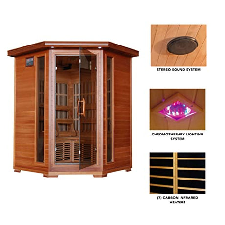 Radiant Saunas BSA1312 3-Person Cedar Corner Infrared Sauna w/ 7 Carbon Heaters Blue Wave