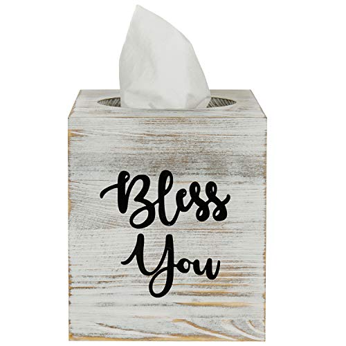 MyGift White Washed Solid Wood Square Tissue Box Cover Holder Decorative Tissue Dispenser Bath Decor with Bless You Design and Easy Refill Slide Out Bottom MyGift
