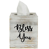 MyGift White Washed Solid Wood Square Tissue Box Cover Holder Decorative Tissue Dispenser Bath Decor with Bless You Design and Easy Refill Slide Out Bottom MyGift
