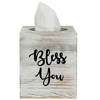 MyGift White Washed Solid Wood Square Tissue Box Cover Holder Decorative Tissue Dispenser Bath Decor with Bless You Design and Easy Refill Slide Out Bottom