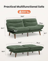 75″Futon Sofa Bed,3-in-1 Futon Couch w/Adjustable Backrest & Armrests, Convertible Sleeper Sofa Bed, Small Folding Sleeper Recliner w/Removable Cushion for Apartment, Living Room,Office (75in,Green) AMADA HOMEFURNISHING