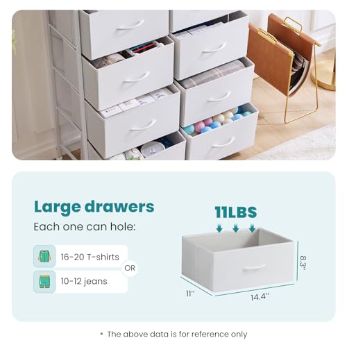OLIXIS Dresser for Bedroom, 8 Storage Drawers, Tall Large Fabric Storage Tower Organizer, Chest of Drawers with Metal Frame Wooden Top for Nursery, Closet, Living Room, Entryway, Classic White OLIXIS