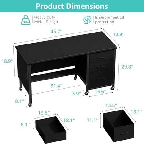 Rolling Teacher Desk with File Drawer & Privacy Panel, 47" Mobile Computer Desk with 3 Storage Drawers on Wheels, Modern Office Desks with File Cabinet for Classroom & Home Office, Black WINAZ
